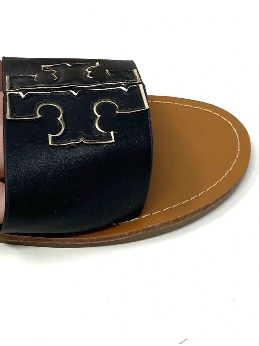 Tory Burch Ines Large Logo Slide Leather Flat Sandals Brown Black EUR 40 / US 10